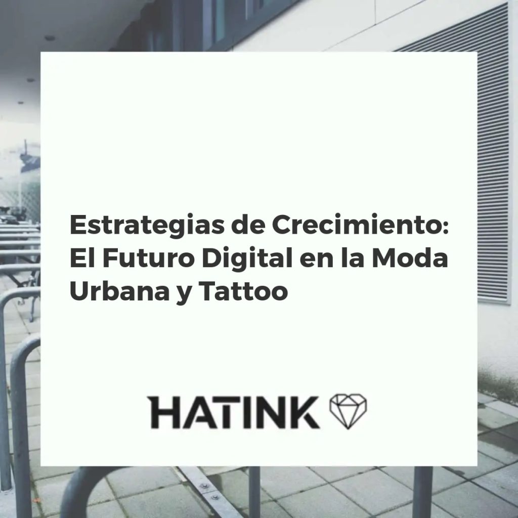 Representación futurista de estrategias digitales en moda urbana y tattoo, con gráficos de crecimiento y diseños virtuales