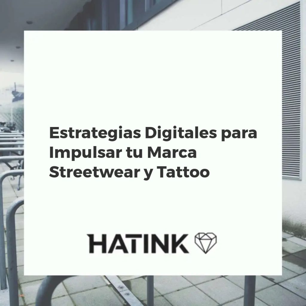 Marca streetwear y tattoo con estrategias digitales: ropa urbana, tatuajes, iconos redes sociales y pantallas de dispositivos.