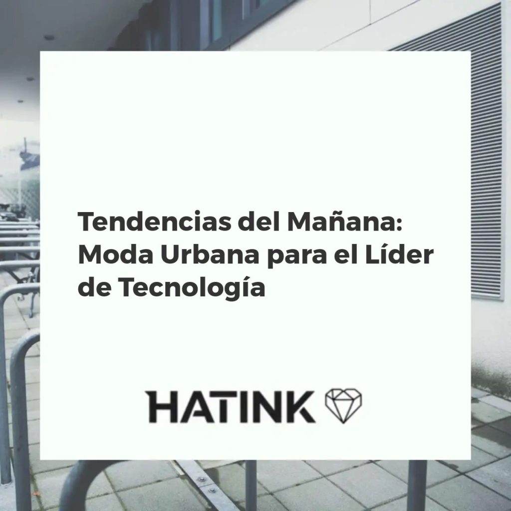 Líder tecnológico con estilo urbano futurista, vistiendo ropa Hatink innovadora y funcional en un entorno digital avanzado