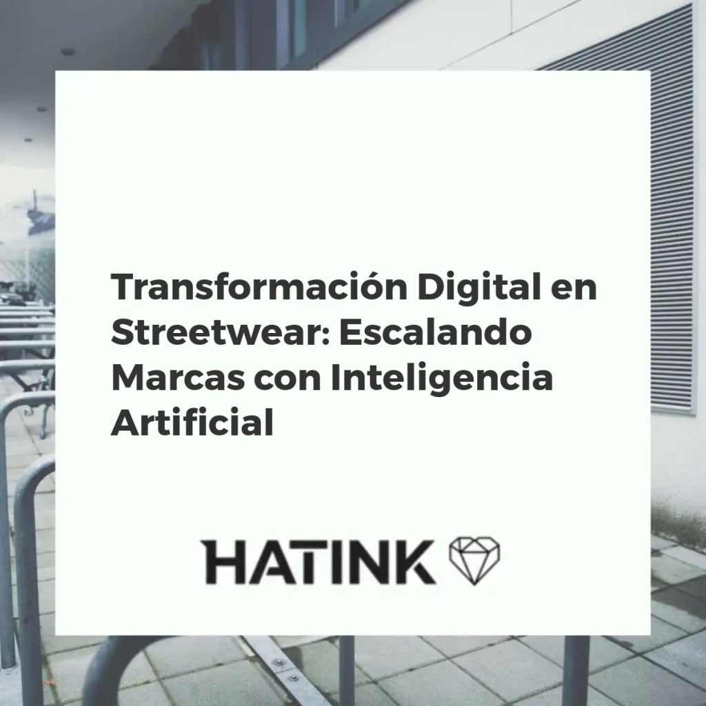 Modelos con ropa streetwear innovadora, con diseños generados por IA, rodeados de interfaces digitales y luces de neón
